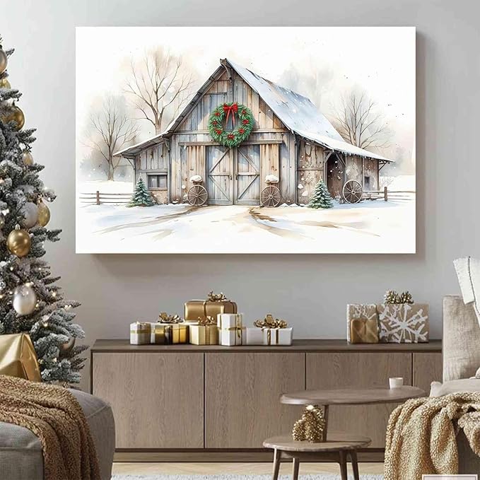Rustic Landscape Wall Decor Barn Winter Cottage Wall Art Holiday Landscape Painting Rustic Winter Print Christmas Gingerbread Poster Indoor Decor for Home Living Room Bedroom Cabin Christmas Holiday