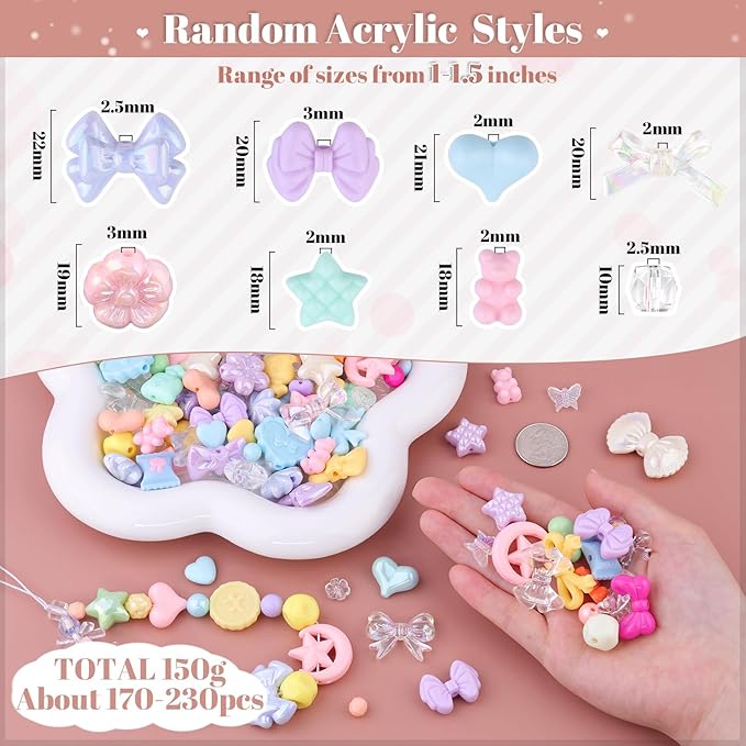 200-260PCS TINKRSTUFF Assorted Acrylic Beads Macaroon Cute Beads for Bracelet Making, Bow Flower Butterfly GummyBear Kawaii Charms, Aesthetic Bead for Necklace Keychain Jewelry Making DIY Phone Charm