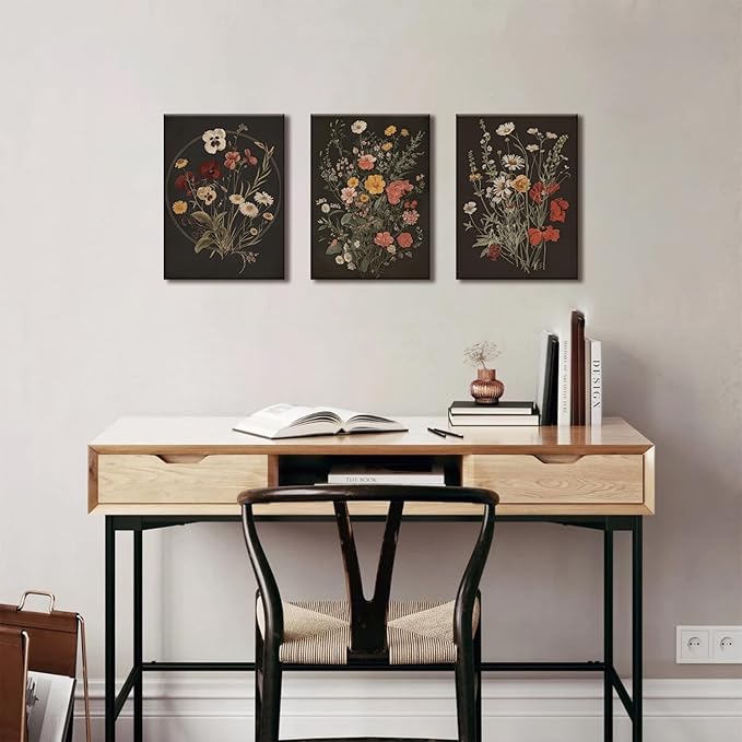 TUEASKY 3 Piece Dark Floral Canvas Wall Art Vintage Botanical Wall Art Moody Flower Decor Black Wildflower Art Prints for Living Room Bedroom Office 12x16in Framed