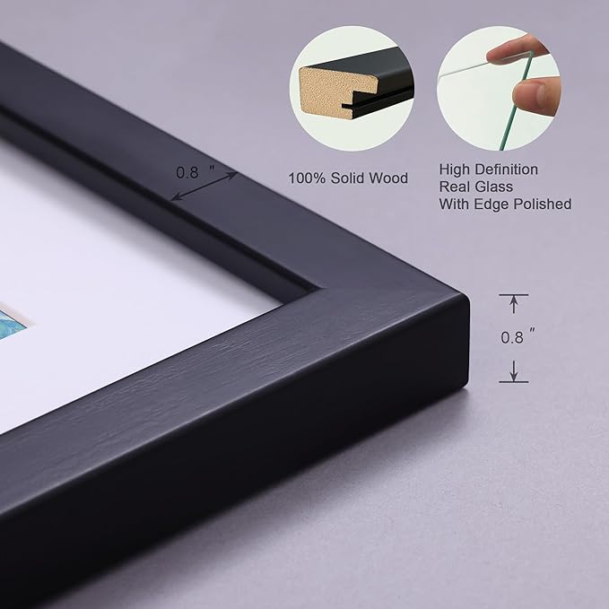 8x8 Picture Frame Set of 4 Made of Solid Wood Photo Frame with Real Glass for Pictures 5x5 with Mat or 8x8 Without Mat, Wall Mount or Tabletop Gallery Photo Frames in Black