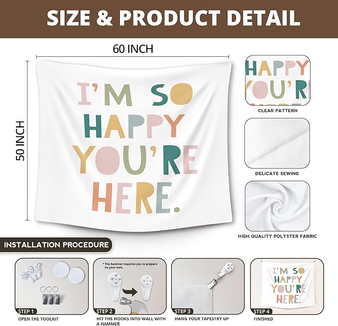 XLDLIOO Boho Classroom Tapestry, Boho Classroom Decor, Inspirational Wall Tapestry Hanging for Bedroom, I'm So Happy You're Here, Educational Welcome Tapestries Wall Decor Art for Kids Dorm Living Room Party 60x50in