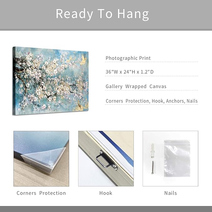 ARTISTIC PATH Abstract Canvas Painting Flower Picture: Teal Floral Golden Foil Wall Art on Canvas for Office (36''W x 24''H,Multi-Sized)