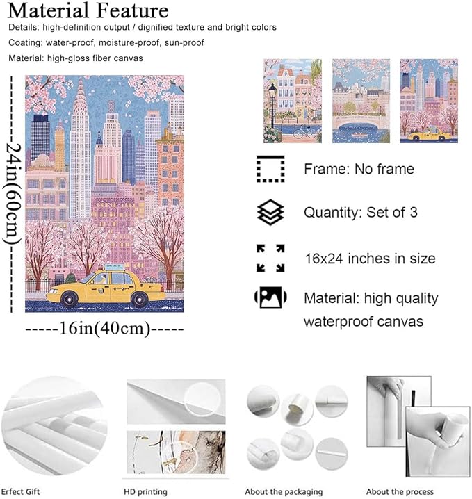 XLARTMY Watercolor City Landscape Travel Wall Art Canvas Framed Pink Cherry Flower Poster Girly Prints Painting Pictures Set of 3 for Bedroom Living Room Office 16x24in Unframed