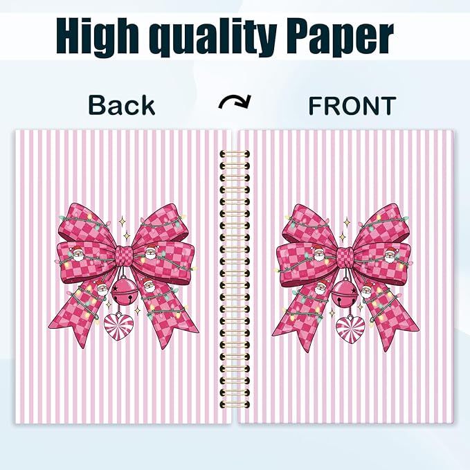 Coquette Pink Plaid Bow Christmas Spiral Notebook, Preppy Christmas Journal for School Office Supplies, Girly Xmas Pink Aesthetic Holiday Hardcover Journal 5.5x8.3 Inch