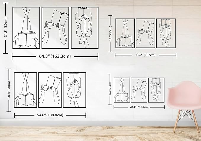 Set of 3 Bookish Metal One Line Art, Woman Reading Book, Minimal Artwork, Feminine Art, Aesthetic Room Decor, Book Lover Art, Above Bed Decor, Home Decor (White, 31.5 x 64.3” / 80 x 163.3 cm (total size))