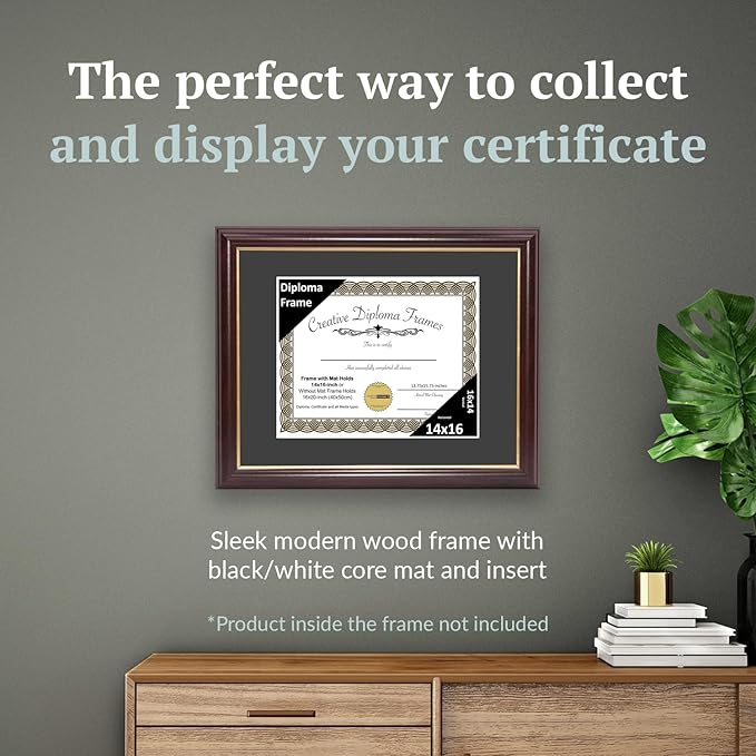Creative Picture Frames 14x16 Mahogany Gold Rim Diploma Frame with Black Mat Glass and Installed Wall Hangers | Frame Holds 16x20 Media without Mat
