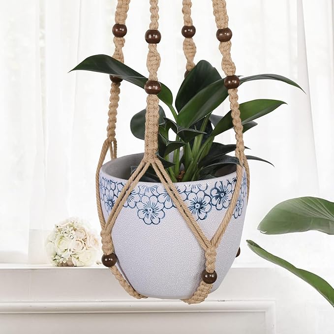 3-Pack Macrame Plant Hanger Indoor - Hanging Planter Basket for Indoor Outdoor - Decorative Boho Plant Holders Set with Beads - Ceiling Flower Pot Holder with 6 Hooks - 35"/30"/24" Linen