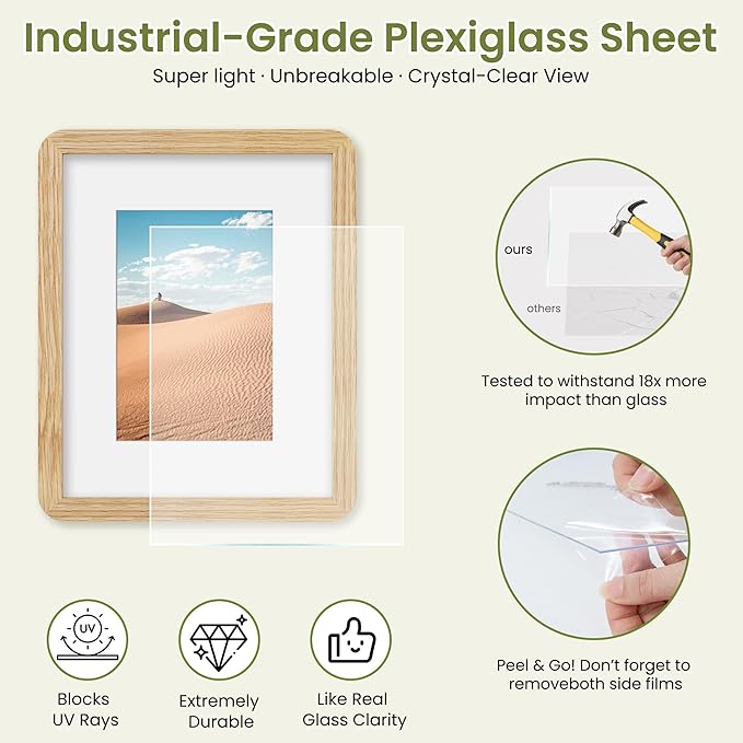 Dreamland 8x10 Picture Frame, Solid Oak Wood Photo Frame with Mat for 5x7, Round Corner 8 x 10 Matted Picture Frames with Resistant Plexiglass for Wall Mounting or Tabletop, Oak Color, Set of 1