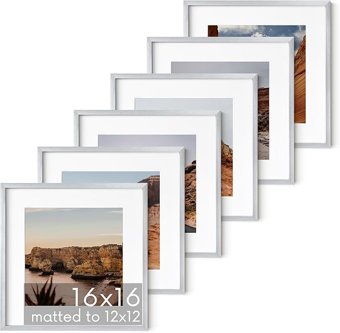 HAUS AND HUES 16x16 Silver Metal Picture Frames Matted to 12x12 - Premium Aluminum with Hanging Hardware, Shatterproof Plexiglass - Ideal for Home or Office (16x16 in, Silver, Set of 6)