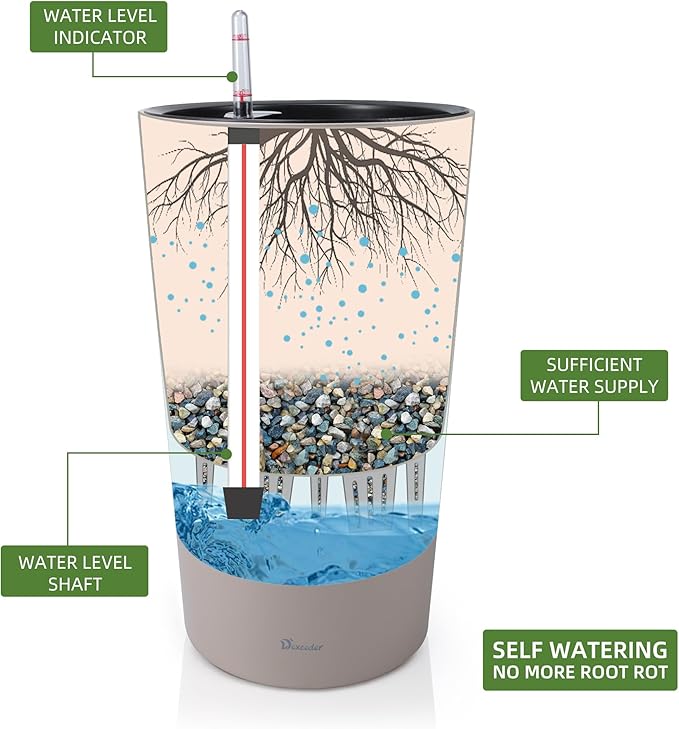 Dexceder 22x13 Tall Self Watering Planter High Cylinder Indoor Outdoor, Thickened Large Floor Standing Flower Plant Pot with Water Level Indicator (Taupe Matte)