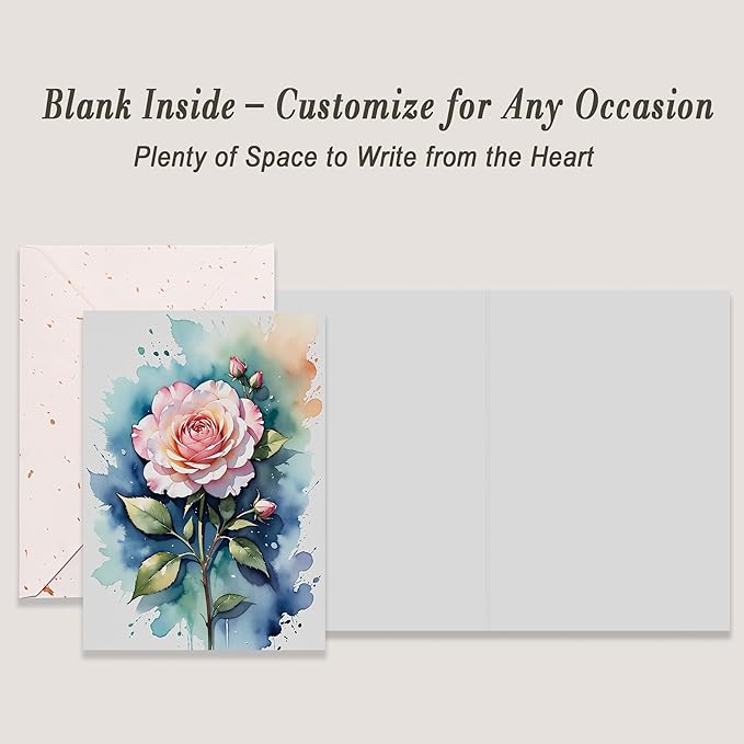 5x7 Blank Inside Card with Envelope, Elegant Watercolor Rose Blank Greeting Card for All Occasions – Birthday, Sympathy, Thank You - Single Card