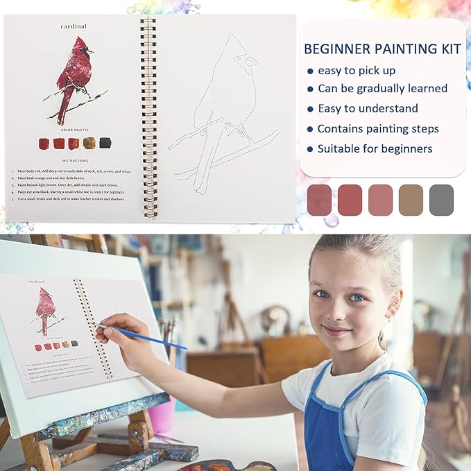 XZGTAND Beginner-Friendly Animals Watercolor Workbooks, 12 Colors Watercolor Paint Set with Paint Brush, Beginner-Friendly Watercolor Painting Kit（Birds）