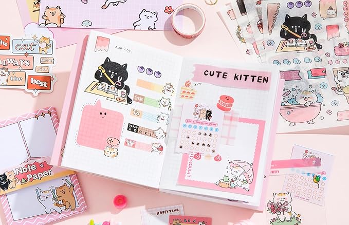 Draupnir Kawaii Pink Cute Cat Scrapbook Kit, Bullet Junk Journal Kit with Journaling/Scrapbooking Supplies, Stationery, A6 Grid Notebook Graph Ruled Pages.DIY Gift for Teen Girl Kid Women.