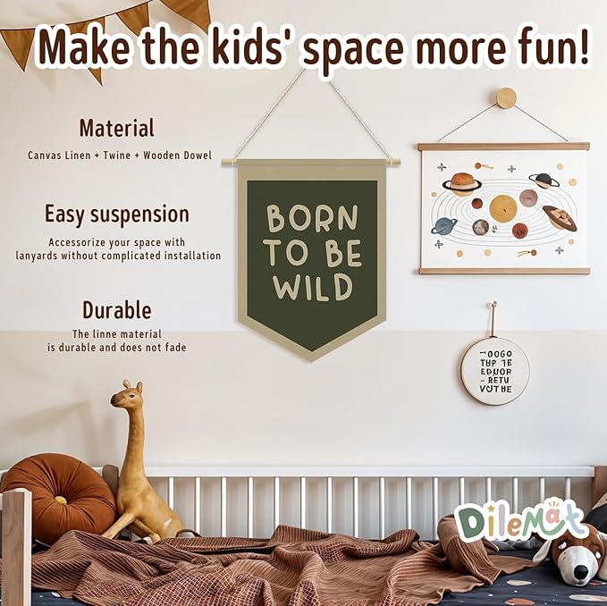 Playroom Wall Decor,Kids Room Decor,Born To Be Wild Linen Pennant Banner Wall Hanging Flag Banner for Kids Room Playroom Bedroom Nursery Camper Safari Themed Nursery Decor