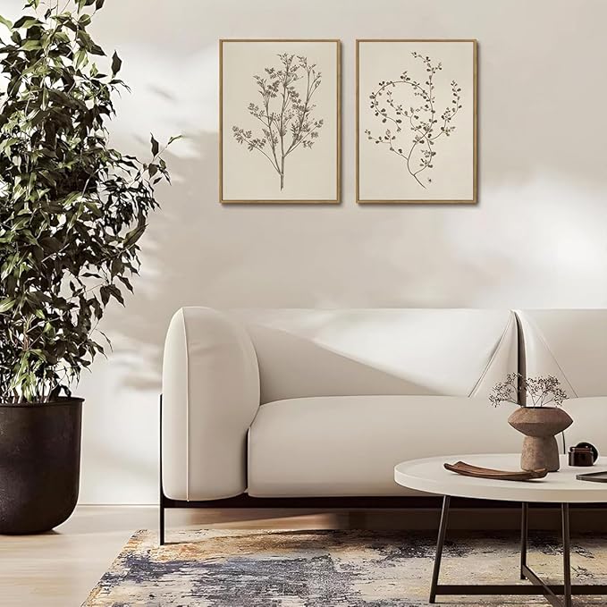 YOYIAXT 2 Pieces Farmhouse Botanical Canvas Wall Art For Bedroom Cottagecore Country Minimalist Neutral Antique Rustic Framed Art Print Artwork For Office Living Room, 16x24 in