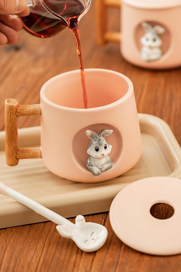DIHOclub Adorable 3D Ceramic Rabbit Mug with Lid and Spoon Perfect for Coffee, Tea, Milk, and More - Ideal Gift for Bunny Lovers - 14 Ounces (Pink)