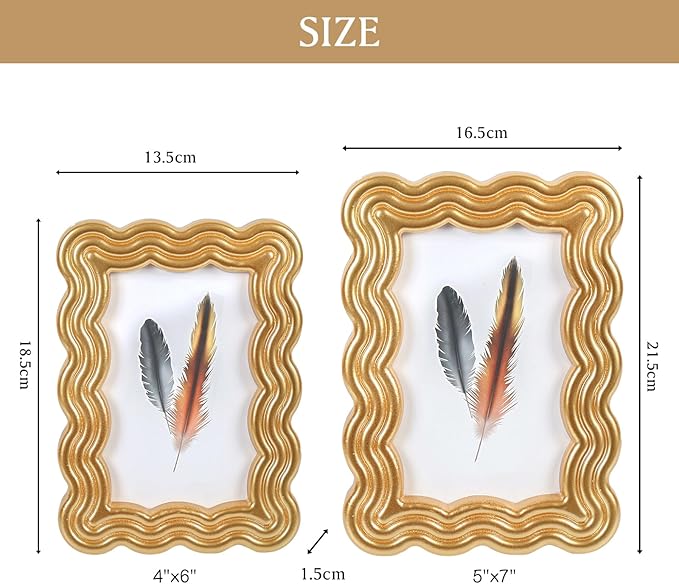 5x7 Picture Frame, Display Pictures 5x7 with Mat, Wavy Edge Wood Photo Frame for Tabletop and Wall Hanging, with Clear Plexiglass for Vertical or Horizontal Display, Gold, 1 Pack