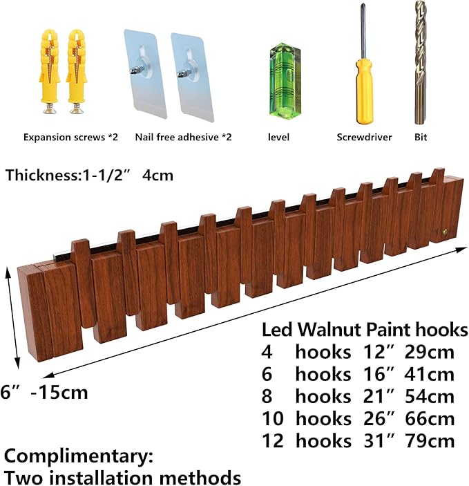 Wall Mounted Coat RackHooks Piano Key Hangers Natural Solid Wood Hanger Non-Woven Fabric Clothes Hangers for Closet, Kitchen, Bedroom, Bathroom, Entryway (Led Walnut, 12 Hooks)