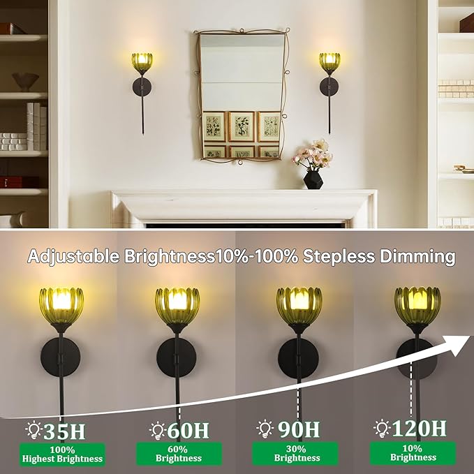 Battery Operated Wall Sconce Set of 2, Green Tulip Vintage Wall Light Fixture Rechargeable 5000mAh Battery Powered Wall Lamp with Remote for Living Room Bathroom, Black