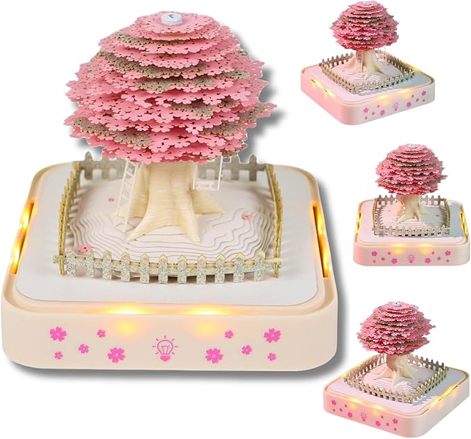 3D Calendar 2026, Cherry Blossom Tree Time Piece Calendar 2026, Daily Tear-Off Memo Pad with LED Glow, Paper Carving Desktop Decoration, Unique Holiday & New Year Paper Craft Gift
