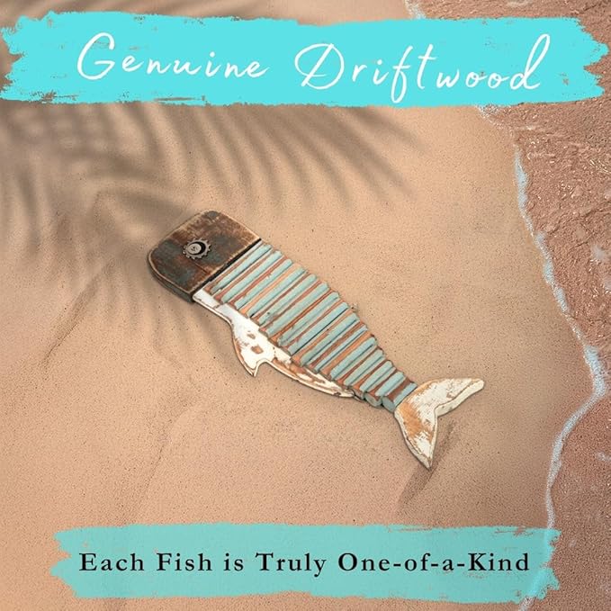 Mint Bucket Brands Driftwood Fish Nautical Wall Decor - 17" x 5.5" Handmade Wooden Rustic Coastal Wall Art for Living Room, Bedroom, Office, Bathroom - Ocean Beach Decoration (Wally)