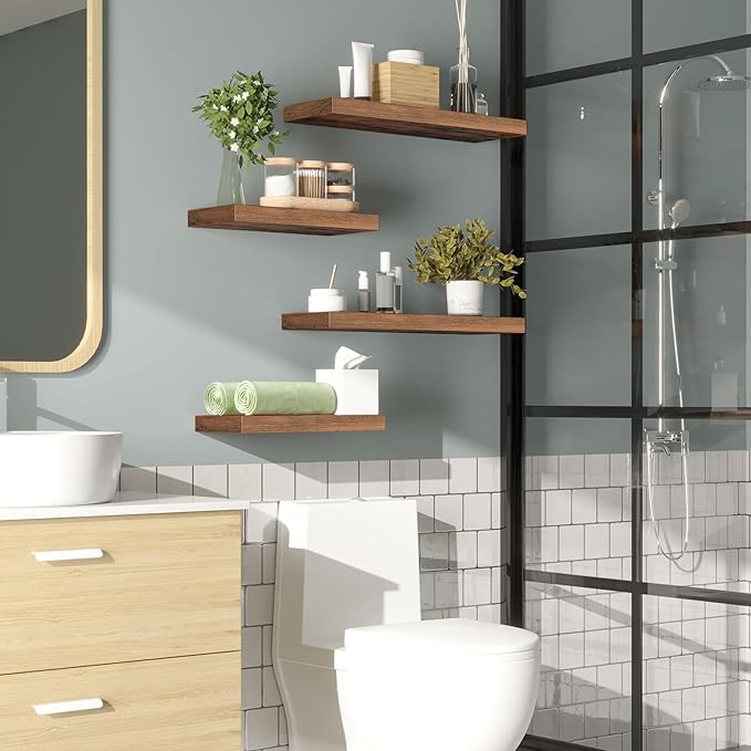 HOOBRO Floating Shelves for Wall, Wall Mounted Shelf Set of 2, 15.7" Hanging Shelf with Invisible Brackets, for Wall in Bathroom, Bedroom, Toilet, Kitchen, Living Room, Office, Rustic Brown BF40BJ01