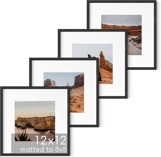 HAUS AND HUES Solid Oak Wood 12”x12” Picture Frames Matted to 8”x8” Set of 4-12 x 12 Frames Square, 12x12 Square Black Photo Frames, 12x12 Frame with Mat for Gallery Wall