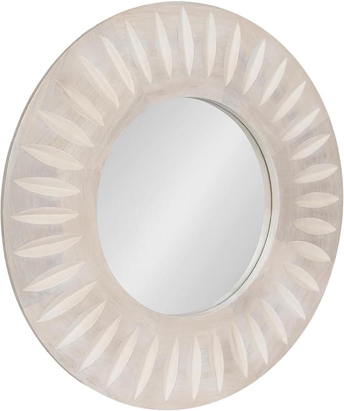 Kate and Laurel Usra Round Carved Wood Mirror, 26 Inch Diameter, Whitewash, Light Wooden Circle Mirror with Carved Indentation and Sunburst Wall Mirror Look