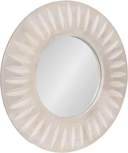 Kate and Laurel Usra Round Carved Wood Mirror, 26 Inch Diameter, Whitewash, Light Wooden Circle Mirror with Carved Indentation and Sunburst Wall Mirror Look