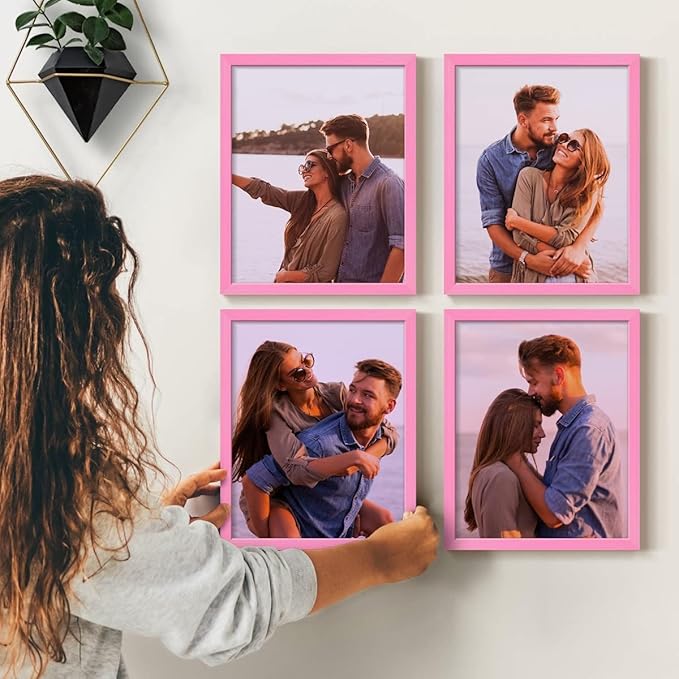 Renditions Gallery Set of 4, 8X10 Custom Photo Prints with Real Wood Picture Frames. Create Personalized Photos with Peel & Stick Photo Frames. Pink Frame