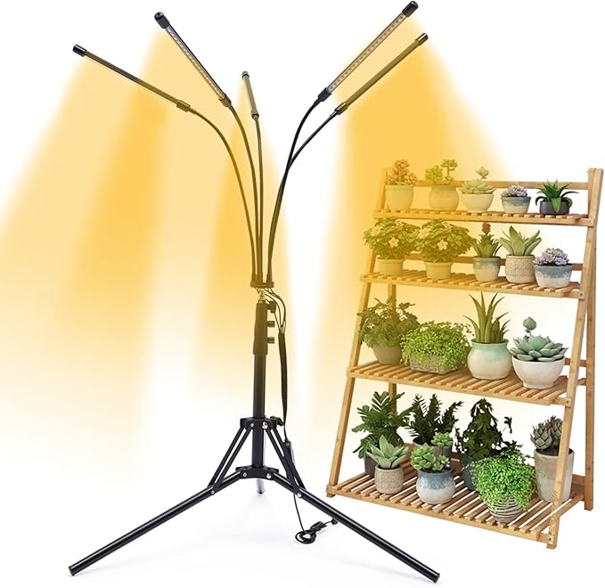 5-Head LED Grow Light with Tripod & Clip - 3 Lighting Modes, 4/8/12H Timer, 15.7-63in Adjustable Height, Full Spectrum for Indoor Plants/Greenhouse/Flower Cultivation