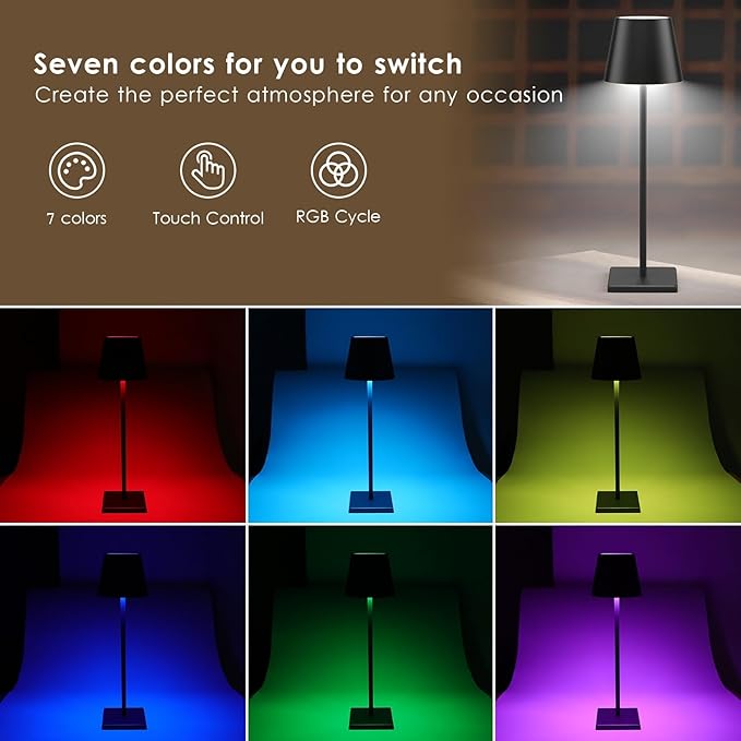 2 Pack LED Cordless Table Lamp with RGB & Stepless Dimming Rechargeable Battery Desk lamp 3W 5500mAh Battery Operated with Modern Portable Table Light for Indoor/Outdoor IP54 Waterproof (Black)