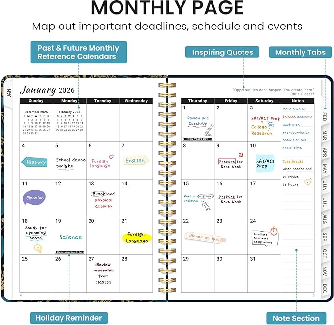 2026 Planner, Monthly and Weekly Calendar Planner for Women, Jan 2026 - Dec 2026, Hardcover Pretty 2026 Agenda Planner Book with Tabs, Spiral Bound, Perfect for School Office Home Supplies, 6.3" x 8.5" - Golden Elegance