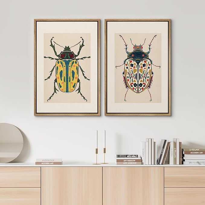 SIGNWIN Framed Canvas Print Wall Art Set Colorful Beetle Vintage Insect Illustrations Modern Art Minimal Boho Colorful for Living Room, Bedroom, Office - 24"x36"x2 NATURAL