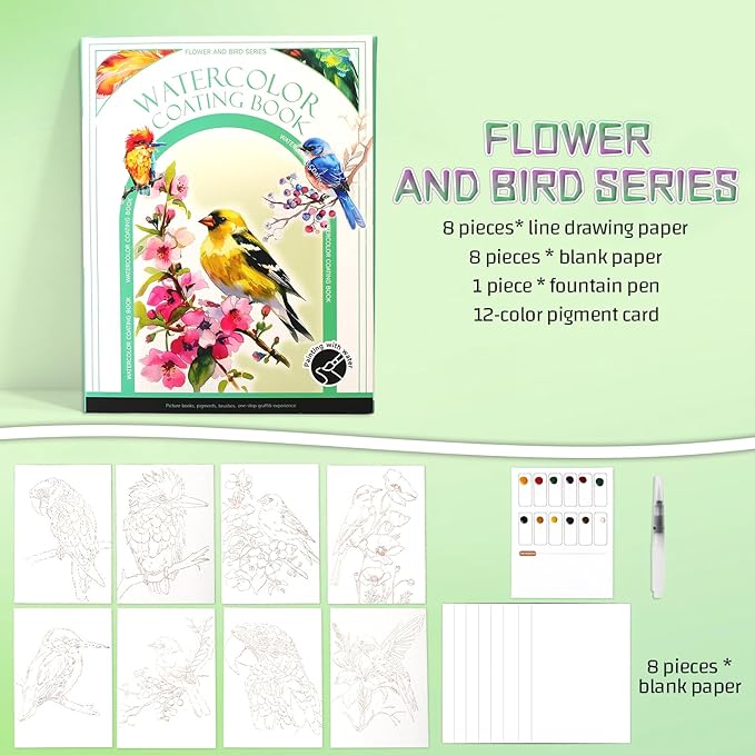 Breathly Creative Stress Relief Kit, 2026 New Paint Art Watercolor Books Painting Kit,Watercolor Coloring Book for Adults, DIY 3-Fold Watercolors Pad for Beginners and Enthusiasts (Flower and Bird)