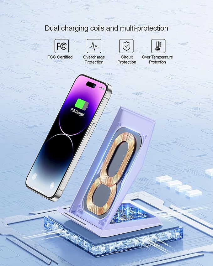 NANAMI Wireless Charger with USB C Charger - Qi Certified Fast Wireless Charging Stand Compatible with iPhone 17/16/15/14/13/12, Phone Charger Dock for Samsung Galaxy S25/S25+/S25 Ultra/S24/S23/S22