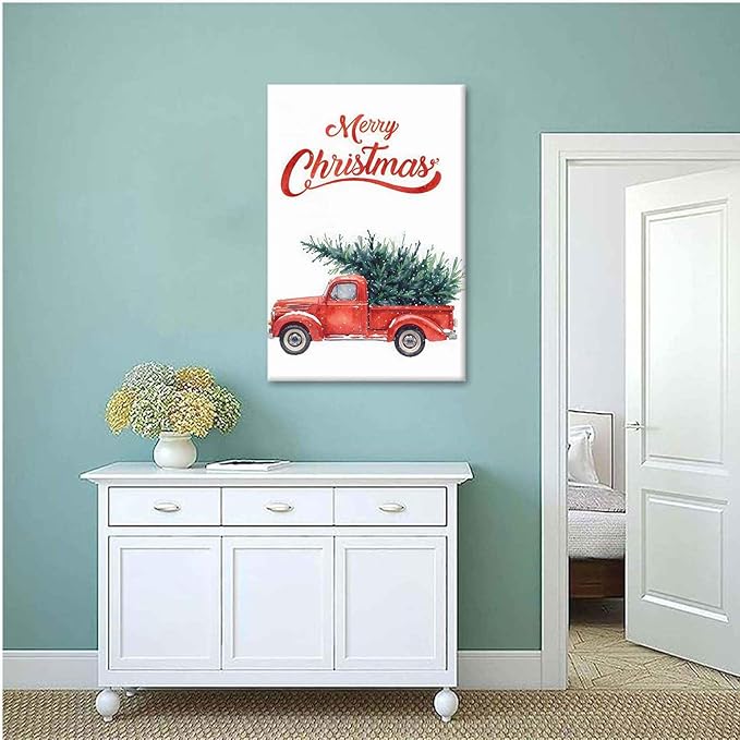 Canvas Wall Art Christmas Truck Print Red Vintage Pickup Truck Christmas Tree Home Decor Holiday Wall Art Watercolor Painting 28x40in-UnFramed