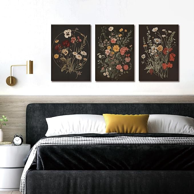 TUEASKY 3 Piece Dark Floral Canvas Wall Art Vintage Botanical Wall Art Moody Flower Decor Black Wildflower Art Prints for Living Room Bedroom Office 16x24in Framed