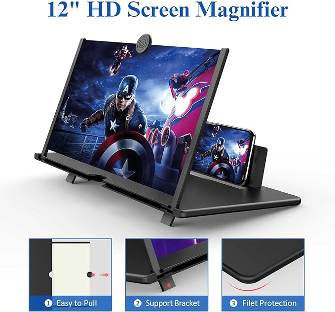 12" Screen Magnifier for Cell Phone,Fanlory 3D HD Magnifying Projector Screen Enlarger for Movies, Videos and Gaming, Foldable Phone Stand with Screen Amplifier,Compatible with All Smartphones