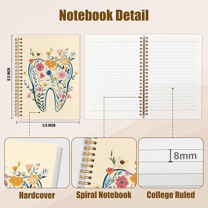 WUCHJ Dentist Gifts Notebook Journal, Dental Assistant Office Gifts for Women, Yellow Floral Tooth Dental Spiral Notebook Journal for Note Taking, Dentist Office Supplies, 5.5x8.3 Inch