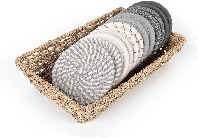 12 Pcs Handmade Woven Coasters for Drinks, Absorbent and Insulating Cotton Coasters with Seagrass Basket Holder set, Boho Perfect for Coffee Table and Home Decor