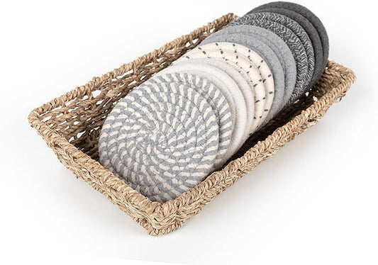 12 Pcs Handmade Woven Coasters for Drinks, Absorbent and Insulating Cotton Coasters with Seagrass Basket Holder set, Boho Perfect for Coffee Table and Home Decor