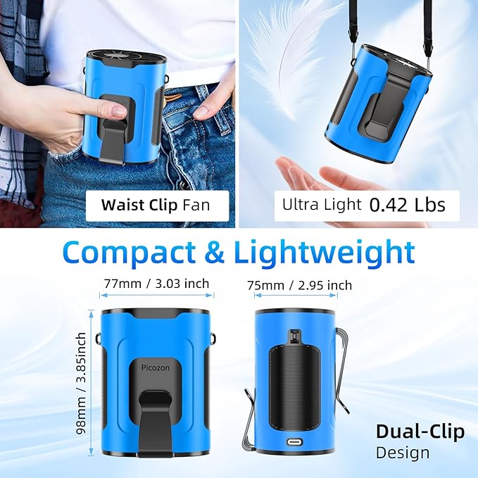 Picozon Portable Smart AI Fan, 9000 RPM Strong Airflow, Rechargeable 4 Speeds Hands-free Wearable Waist Clip Necklace Fan with 20H Non-Stop Cooling System for Outdoor, Hiking Jobsite Camping - Blue