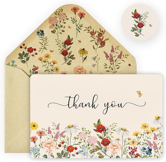 Artoid Mode 12 Pack Wildflower Thank You Cards Vintage Flower Greeting Cards Gift With Envelope Sticker Blank Note Cards for Birthday Wedding Baby Shower Bridal Shower, 4 x 6 Inch