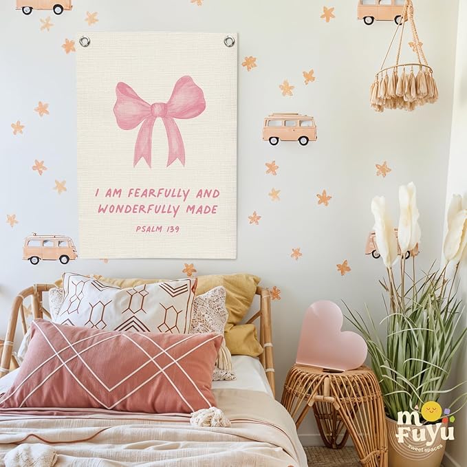 Bible Verses Wall Decor,Pink Coquette Bow Linen Canvas Banner,Christian Wall Art I Am Fearfully And Wonderfully Made Wall Hanging Flag for Kids Girl Bedroom Living Room Dorm 18x25 Inch