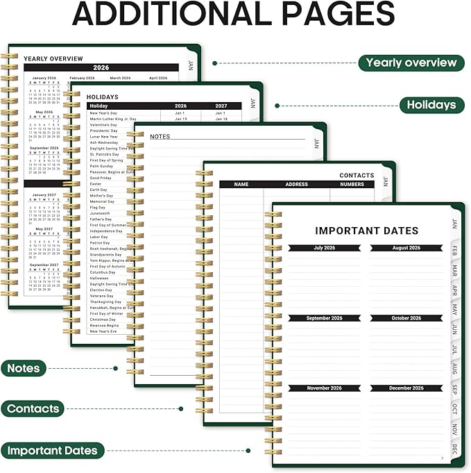 2026 Planner, Monthly and Weekly Calendar Planner for Women, Jan 2026 - Dec 2026, Hardcover Pretty 2026 Agenda Planner Book with Tabs, Spiral Bound, Perfect for School Office Home Supplies, 8.5" x 11" - Dark Green