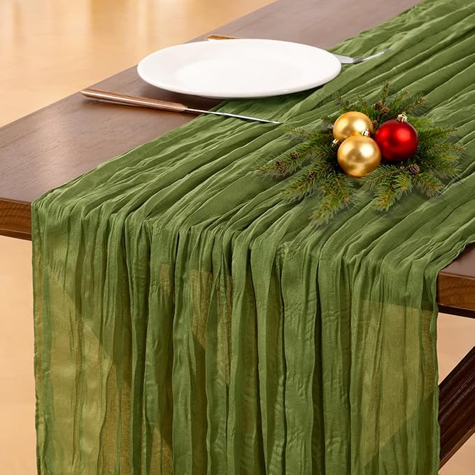 Socomi Olive Green Valentine's Day Cheesecloth Table Runner Boho Rustic Gauze 120 inch 10FT Cheese Cloth Runner for Wedding Party Baby Shower Birthday Home Decor Holiday Decorations