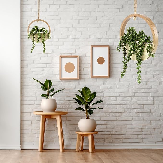 2PCS 12.2" Fake Hanging Plant, Succulent Wall Decor, Fake Plants Decor, String of Pearls in Pot with 8.3" Lanyard for House Indoor Outdoor Bedroom Wall Decor Aesthetic (Wooden)