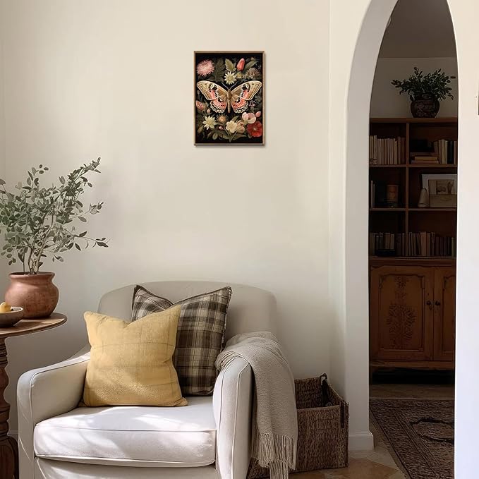 Djmwtb Vintage Framed Wall Art Butterfly Floral Canvas Wall Art Prints Boho Botanical Painting Flower Pictures Artwork for Living Room Bedroom Bathroom Office 12x16in