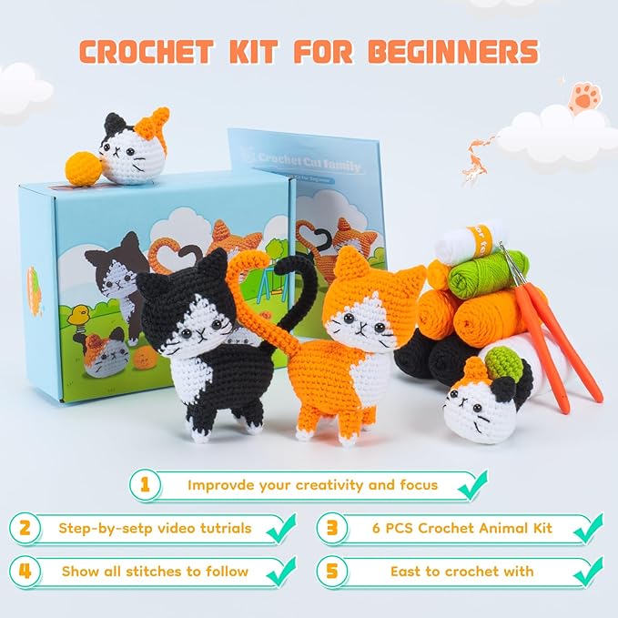 Auspicious beginning Cat Crochet Kit for Beginners-Crochet Kits 4PCS Cats Family Crochet Animals Kits with Step-by-Step Video Tutorials, Crochet Starter Kit Learn to Crochet Kits for Adults